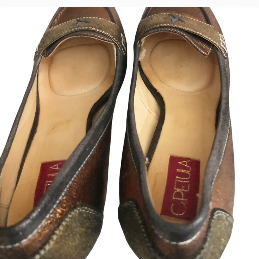 C.Petula‎ Made In France Womens Metallic 2 Toned Star Acc. Brushed Leather Heels